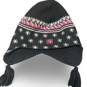 Swix Beanie Hat Wool Blend Fair Isle Nordic Snowflake Black Red Earflaps Pom OS